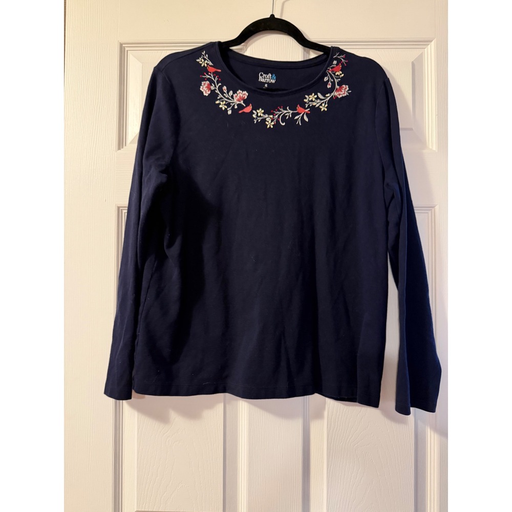 Croft & Barrow Navy Blue Embroidered Cardinal Floral Long Sleeve Cotton Tee XL